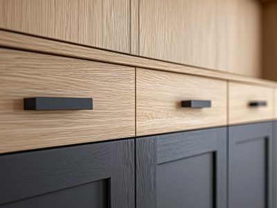 A kitchen with a black and brown cabinet with wooden handles. The cabinet has a modern design and is made of wood