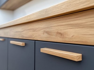 high-end kitchen design, gray cupboards with natural wooden panels, close-up detail --chaos 30 --ar 16:9 --v 6.1 Job ID: 2c56208e-8ed3-4905-ae07-5273e793559b